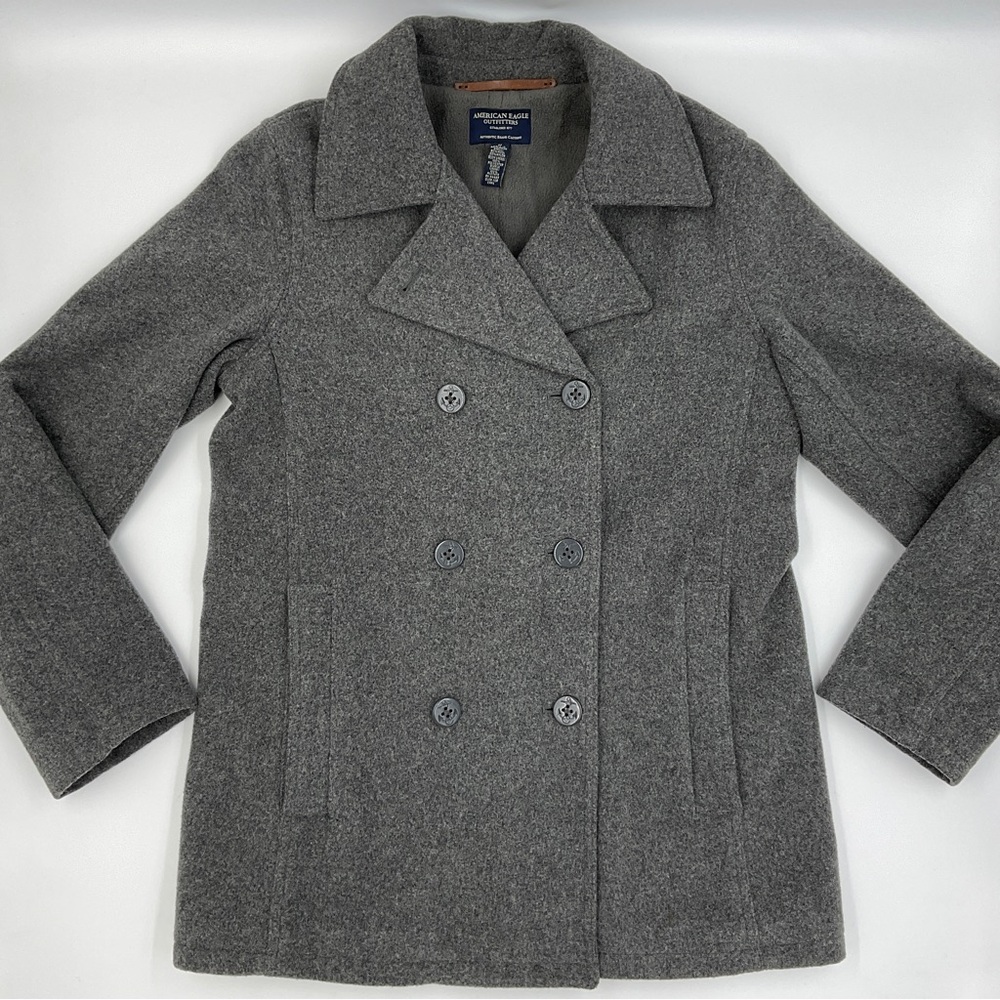 American Eagle Wool Blend Pea Coat Grey Double Breasted Pockets Collared VGUC M